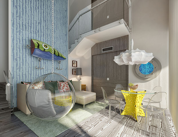 pineapple-villa-living-room at Nickelodeon Resort Punta Cana comes sleeps up to 8 guests and includes preferred access to restaurants and the spa